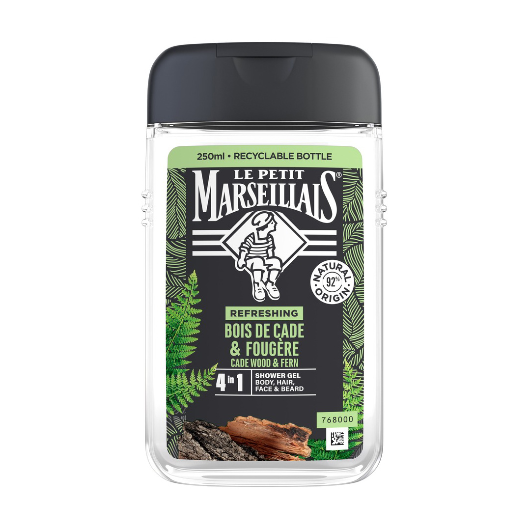 Чоловічий гель для душу 4 в 1 Le Petit Marseillais Body, Hair, Face &amp; Beard Shower Gel Ялівець та екстракт папороті, 250 мл